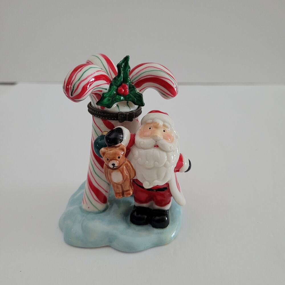 Festive Santa Teddy Bear Trinket Box with Candle Canes